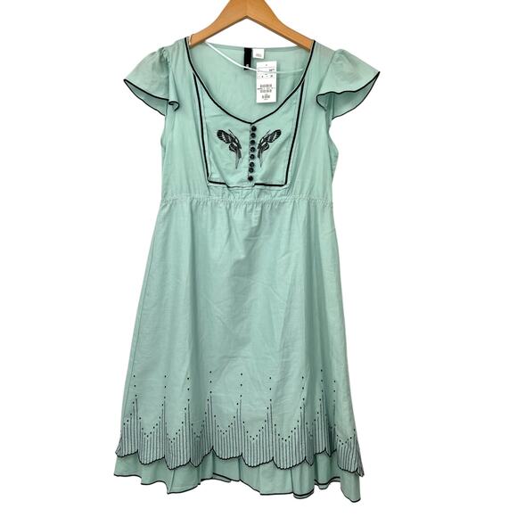 H&M | NWT | 6 | Blue Green Flutter Sleeve Butterfly Embroidery Retro Pinup Dress - Picture 1 of 9